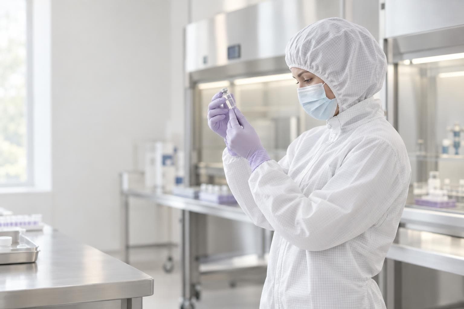 A pharmacist in cleanroom garb inspecting a vial in a sterile compounding lab