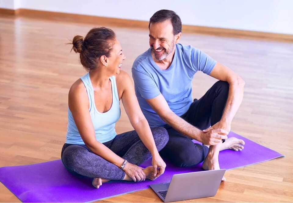 Happy pharmacy customres doing yoga